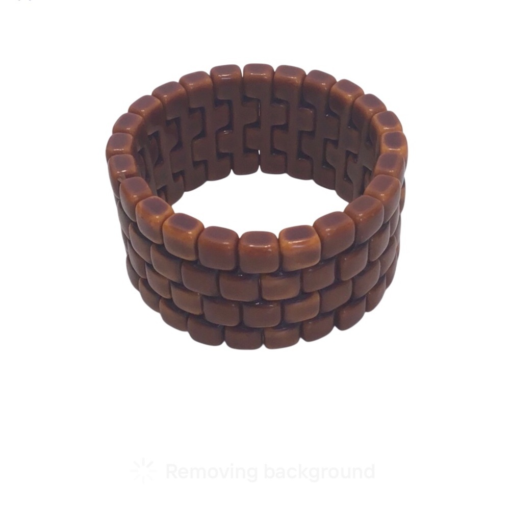 Brown Oblong Beaded 4 Strand Elastic Cuff Bracelet.